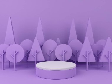 3D minimalist podium with purple tree background for product display. Nature background with pastel colors and empty podium. 3D render.