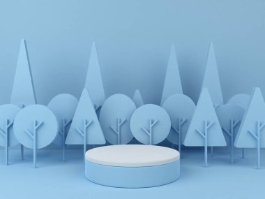 3D minimalist podium with blue tree background for product display. Nature background with pastel colors and empty podium. 3D render.