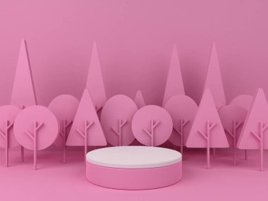 3D minimalist podium with pink tree background for product display. Nature background with pastel colors and empty podium. 3D render.