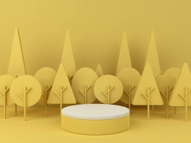 3D minimalist podium with yellow tree background for product display. Nature background with pastel colors and empty podium. 3D render.