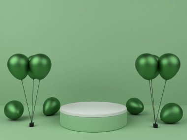 3D minimalist green podium with green metallic balloons for product display. Background with balloons and empty podium. 3D render.