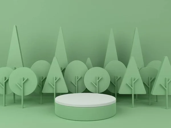 3D minimalist podium with green tree background for product display. Nature background with pastel colors and empty podium. 3D render.