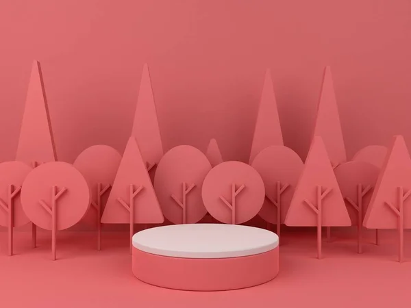 3D minimalist podium with red tree background for product display. Nature background with pastel colors and empty podium. 3D render.