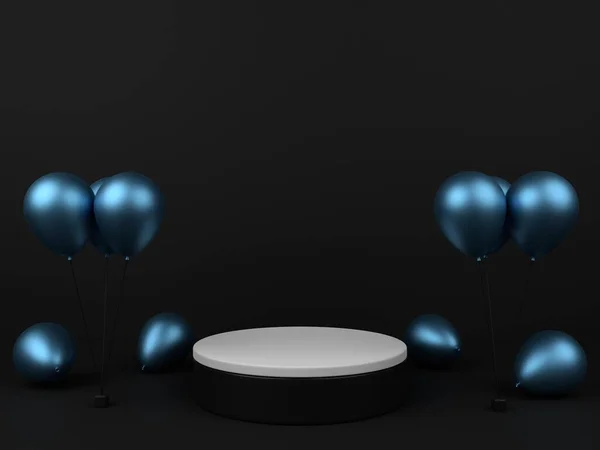 3D minimalist black podium with blue metallic balloons for product display. Background with balloons and empty podium. 3D render.