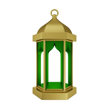 Altın Yeşil İslami Fener 3D Görüntü Beyaz Arkaplanda İzole Edildi