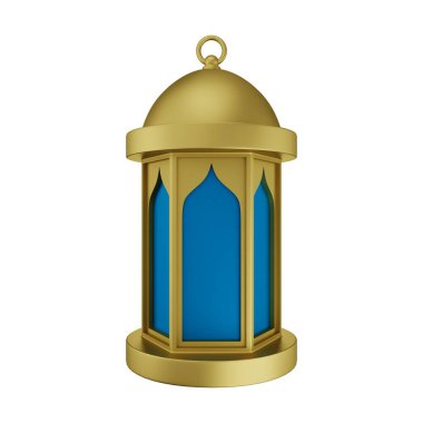 Altın Mavisi İslami Fener 3D Görüntü Beyaz Arkaplanda İzole Edildi