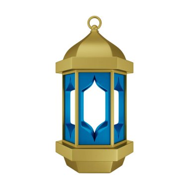 Altın Mavisi İslami Fener 3D Görüntü Beyaz Arkaplanda İzole Edildi