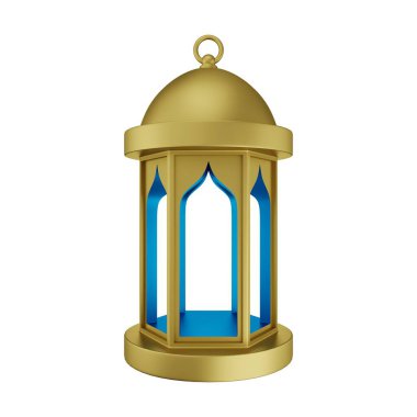 Altın Mavisi İslami Fener 3D Görüntü Beyaz Arkaplanda İzole Edildi