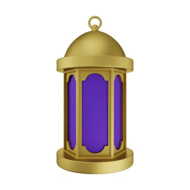 Altın Mor İslami Fener 3D Görüntü Beyaz Arkaplanda İzole Edildi