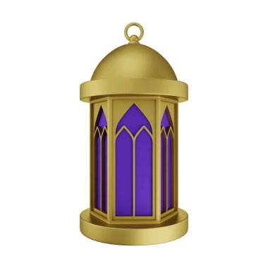 Altın Mor İslami Fener 3D Görüntü Beyaz Arkaplanda İzole Edildi