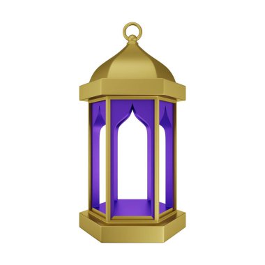 Altın Mor İslami Fener 3D Görüntü Beyaz Arkaplanda İzole Edildi