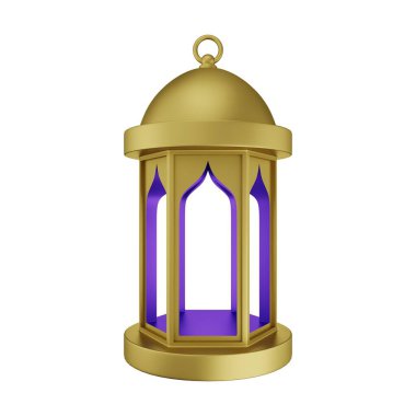 Altın Mor İslami Fener 3D Görüntü Beyaz Arkaplanda İzole Edildi