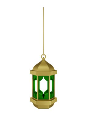 Asılı Altın Yeşil İslami Fener 3D Görüntü Beyaz Arkaplanda İzole Edildi
