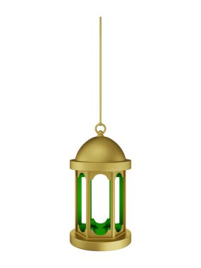 Asılı Altın Yeşil İslami Fener 3D Görüntü Beyaz Arkaplanda İzole Edildi