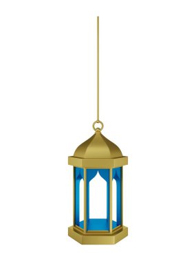 Asılı Altın Mavi İslami Fener 3D Görüntü Beyaz Arkaplanda İzole Edildi