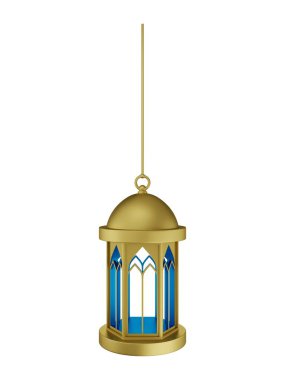 Asılı Altın Mavi İslami Fener 3D Görüntü Beyaz Arkaplanda İzole Edildi