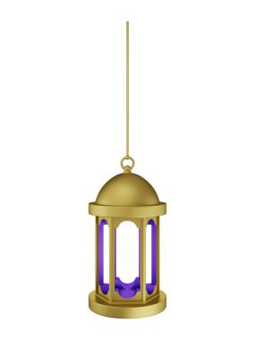 Asılı Altın Mor İslami Fener 3D Görüntü Beyaz Arkaplanda İzole Edildi