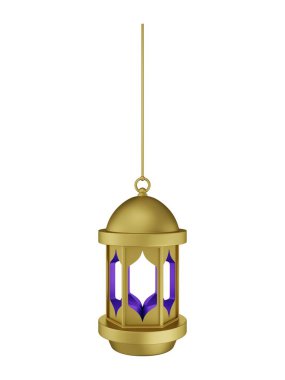 Asılı Altın Mor İslami Fener 3D Görüntü Beyaz Arkaplanda İzole Edildi