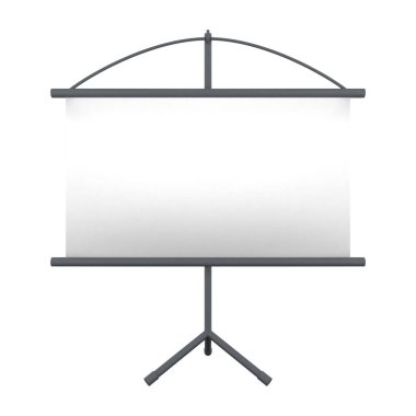 Beyaz ekranlı 3 boyutlu gri projektör ekranı. Boş projektör ekranı veya sunum tahtası. 3 Boyutlu Hazırlama.