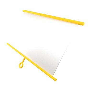 Beyaz ekranlı 3 boyutlu sarı projektör ekran. Boş projektör ekranı veya sunum tahtası. 3 Boyutlu Hazırlama.