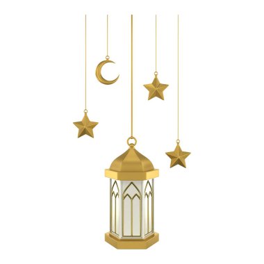 3D altın sarısı beyaz İslam feneri. Yumuşak renklerde tasarım ögesi. 3 Boyutlu Hazırlama.