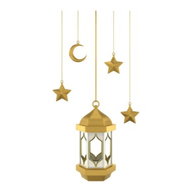 3D altın sarısı beyaz İslam feneri. Yumuşak renklerde tasarım ögesi. 3 Boyutlu Hazırlama.