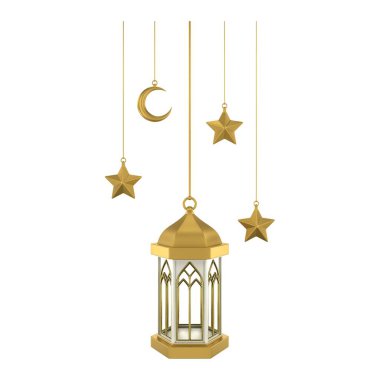 3D altın sarısı beyaz İslam feneri. Yumuşak renklerde tasarım ögesi. 3 Boyutlu Hazırlama.