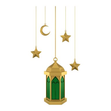 Üç boyutlu altın sarısı İslami fener. Yumuşak renklerde tasarım ögesi. 3 Boyutlu Hazırlama.