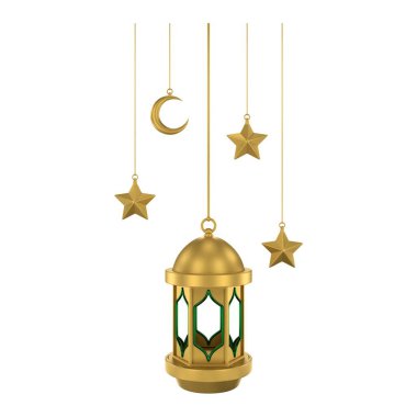 Üç boyutlu altın sarısı İslami fener. Yumuşak renklerde tasarım ögesi. 3 Boyutlu Hazırlama.