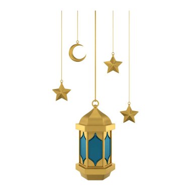 3D altın mavisi İslami fener asıyor. Yumuşak renklerde tasarım ögesi. 3 Boyutlu Hazırlama.