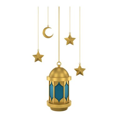 3D altın mavisi İslami fener asıyor. Yumuşak renklerde tasarım ögesi. 3 Boyutlu Hazırlama.