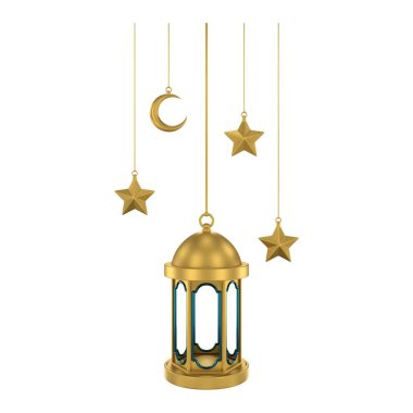 3D altın mavisi İslami fener asıyor. Yumuşak renklerde tasarım ögesi. 3 Boyutlu Hazırlama.