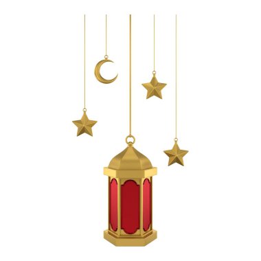 3D altın sarısı İslami fener. Yumuşak renklerde tasarım ögesi. 3 Boyutlu Hazırlama.