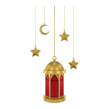 3D altın sarısı İslami fener. Yumuşak renklerde tasarım ögesi. 3 Boyutlu Hazırlama.