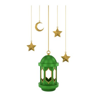 Üç boyutlu altın sarısı İslami fener. Yumuşak renklerde tasarım ögesi. 3 Boyutlu Hazırlama.