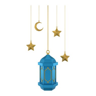3D altın mavisi İslami fener asıyor. Yumuşak renklerde tasarım ögesi. 3 Boyutlu Hazırlama.
