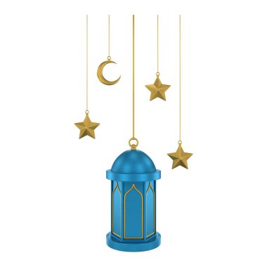 3D altın mavisi İslami fener asıyor. Yumuşak renklerde tasarım ögesi. 3 Boyutlu Hazırlama.