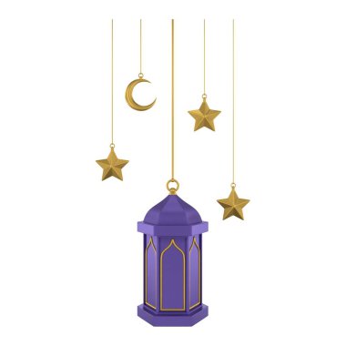 Üç boyutlu altın sarısı İslami fener. Yumuşak renklerde tasarım ögesi. 3 Boyutlu Hazırlama.