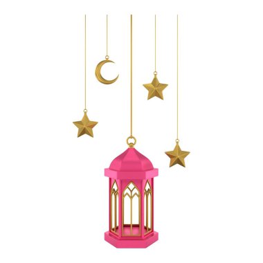 3D altın sarısı İslami fener asıyor. Yumuşak renklerde tasarım ögesi. 3 Boyutlu Hazırlama.