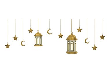 3D altın sarısı beyaz İslam feneri. Yumuşak renklerde tasarım ögesi. 3 Boyutlu Hazırlama.