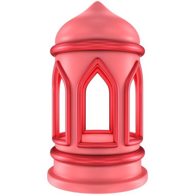 3 boyutlu kırmızı İslami fener. Metalik renkli tasarım elemanı. 3 Boyutlu Hazırlama.