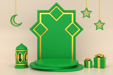 3D yeşil altın sarısı İslami podyum arka planı. 3 Boyutlu Hazırlama.
