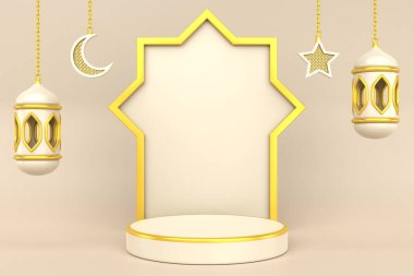 3D beyaz altın sarısı İslami podyum arka planı. 3 Boyutlu Hazırlama.
