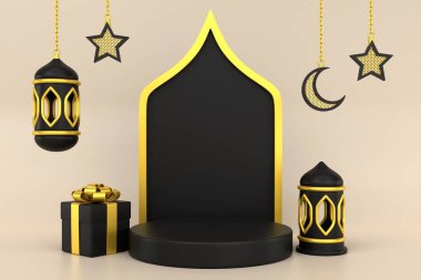3D siyah altın islami podyum arka planı. 3 Boyutlu Hazırlama.