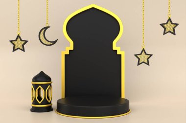 3D siyah altın islami podyum arka planı. 3 Boyutlu Hazırlama.