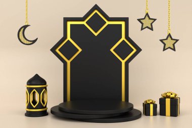 3D siyah altın islami podyum arka planı. 3 Boyutlu Hazırlama.