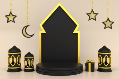 3D siyah altın islami podyum arka planı. 3 Boyutlu Hazırlama.