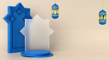 3D altın sarısı İslami podyum arka planı. 3 Boyutlu Hazırlama.