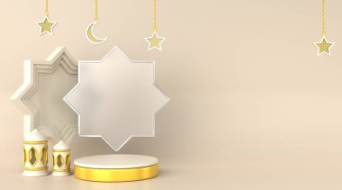 3D beyaz altın sarısı İslami podyum arka planı. 3 Boyutlu Hazırlama.