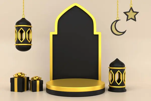 3D siyah altın islami podyum arka planı. 3 Boyutlu Hazırlama.